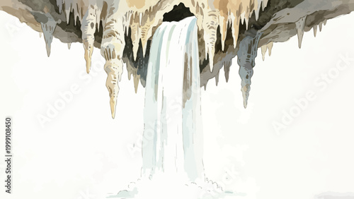 Watercolor Illustration of an Underground Cave Waterfall Flowing From a Stalactite-Draped Cave Ceiling, Minimalist Plain Background