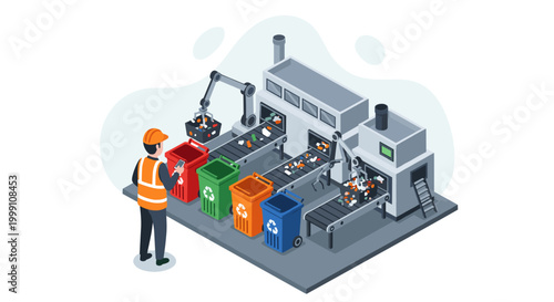 An industrial worker wearing a safety vest inspects an automated recycling factory production line with robotic arms sorting waste into colored bins.