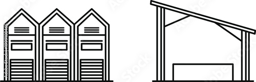 Warehouse and Industrial Building Line Illustration with Storage Units and Shed Structure Design