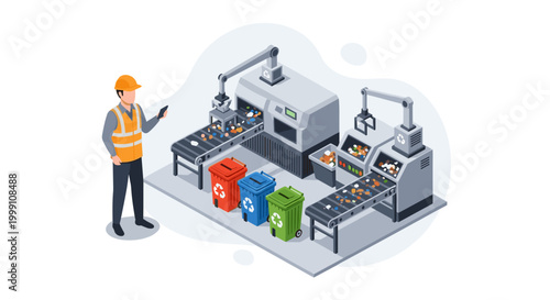 A technician wearing a hard hat and safety vest observes an automated industrial recycling plant processing waste via robotic arms and conveyor belts.