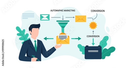 A male executive in a formal suit uses a pen while presenting an automated marketing strategy with funnel components and conversion icons in a flat vector design.