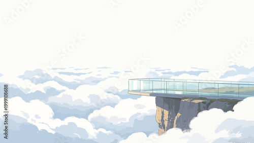 Minimalist Anime-style Illustration of a Glass Observation Skywalk Extending From a Steep Cliff Above a Vast Sea of Clouds, Bright Overcast Morning