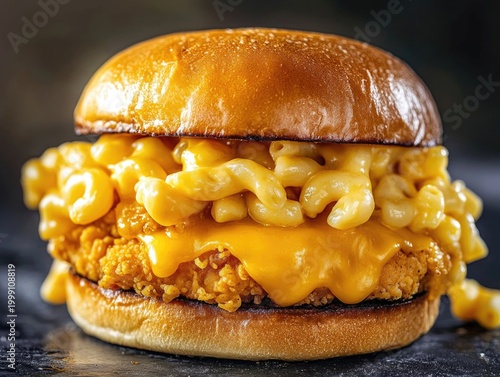Tasty chicken sandwich with mac and cheese