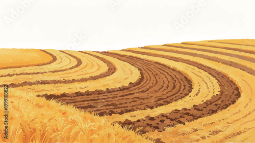 Watercolor Illustration of Curved Contour Harvested Golden Wheat Hills, Warm Autumn Rural Farm Landscape Under a Pale Clear Sky, Showing Stubble and Tilled Soil Bands