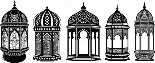 Ornate arabic lantern silhouettes set decorative islamic lamps vector illustration traditional ramadan light elements for festive and cultural design