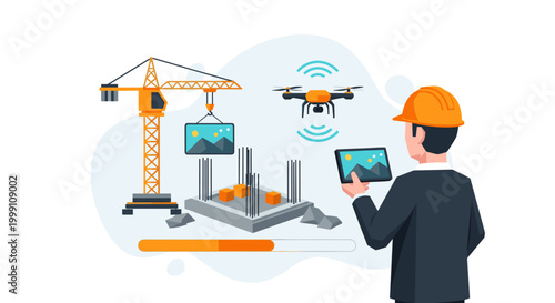 A construction engineer in a hard hat monitors a building foundation with a digital tablet and a drone while a loading progress bar fills the bottom area.