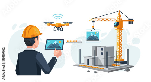 An engineer with a protective helmet observes a site development project on a handheld device while a drone conducts aerial surveillance of the structure.