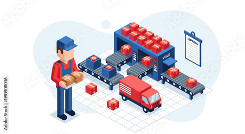 A warehouse worker in a blue cap manages packages on a conveyor belt system while a red delivery truck waits to be loaded with cargo.