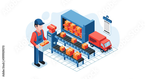 A logistics employee organizes shipments into a storage unit via automated conveyor belts while a commercial delivery truck stands ready for departure.