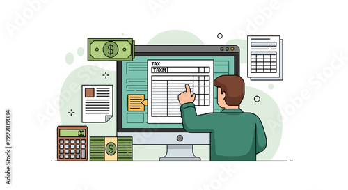An accountant points to a digital tax declaration document on a large computer screen surrounded by financial paperwork, currency bundles, and an office calculator.