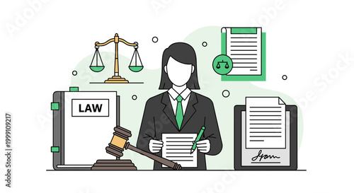 A professional female attorney holds a legal document while standing beside a wooden gavel, a scale of justice, and a signed contract on a light desk background.