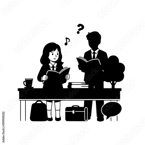 Male and female students studying and reading books at a desk illustration