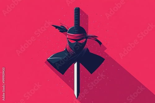 Silhouette of a ninja's head, red eyes, and sword on a solid pink backdrop