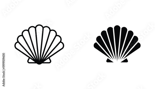 Scallop seashell icon in black and white vector format showing outline and solid fill options for beach and ocean themes