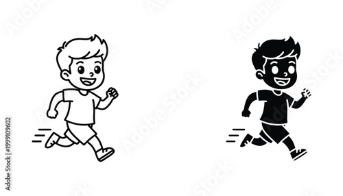 Young boy running happily in black and white vector art with line drawing and solid silhouette options for sports and childhood themes