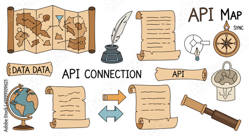 A collection of hand-drawn style icons featuring folded maps and vintage navigation instruments alongside digital API data connection and synchronization symbols.