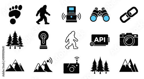 A collection of black and blue monochrome icons depicting Bigfoot creatures and mountain landscapes alongside camera and digital network connection symbols.