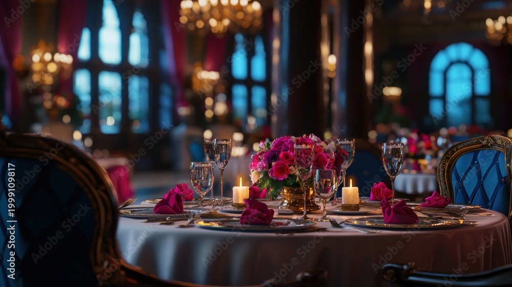 Fototapeta premium A beautifully set dinner table with pink flowers and candles sits in a luxurious banquet hall with large windows and chandeliers.