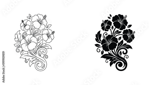 Tropical hibiscus flower bouquet with swirling leaves in outline and solid black vector design
