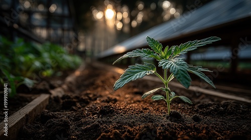 Close-up of a small green sprout growing from rich