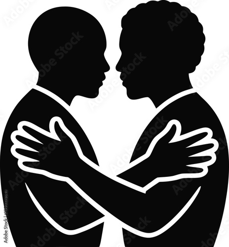 Two black silhouette figures embracing each other closely, with their arms wrapped around each other's backs in a gesture of deep affection, comfort, or reconciliation, set against a clean white