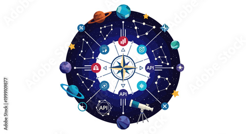 A detailed astronomical design features a central compass surrounded by orbiting planets and constellation maps set against a dark blue starry night background.