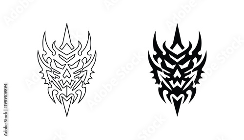 Fierce tribal demon or monster face emblem in outline and solid black vector style for tattoo and gaming design
