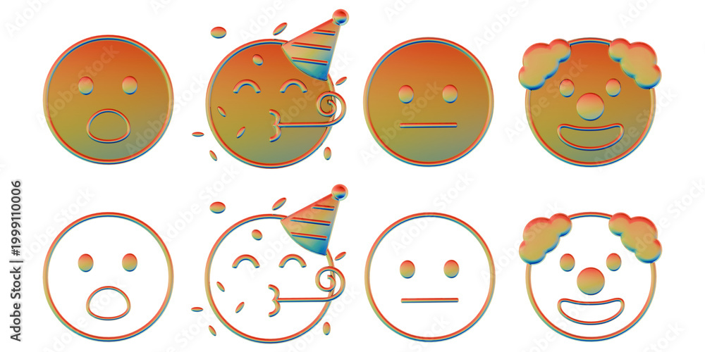 Fototapeta premium Fun Emoji Collection with Surprised Shock, Party Celebration, Neutral Flat, and Clown Face on Transparent Background
