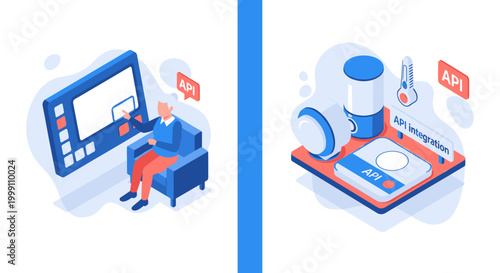 An elderly person sits in a blue armchair interacting with a large wall-mounted touchscreen console alongside an isometric hardware device marked with API labels.