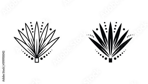 Stylized fan-shaped plant leaf in line art and silhouette evoking tropical or desert flora.