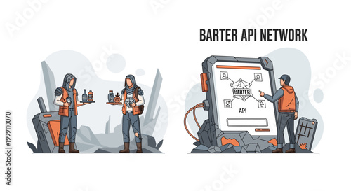 Two survivors in tactical desert gear perform an exchange of supplies in a barren wasteland near a large stone monolith displaying a digital barter API network.