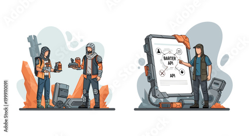 Two individuals wearing desert camouflage gear and tactical vests exchange canisters in a rocky arid environment beside a glowing API interface displayed on a tablet.