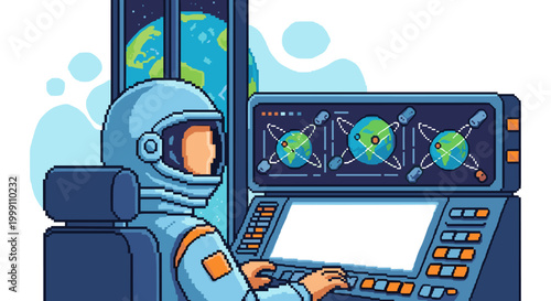 A solitary astronaut operates a high-tech terminal displaying orbital tracking data with a view of Earth through a window in a pixelated design.