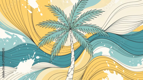 Tropical palm tree illustration palm leaves abstract brush stroke background