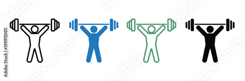 Fitness icon set featuring people weightlifting in different styles, exercise and gym training symbols, colorful vector design