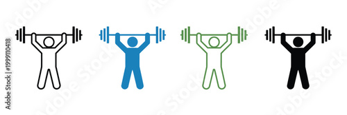 Fitness icon set with people lifting weights, colorful exercise symbols, strength training and workout concept vector illustration