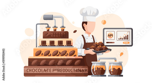 Professional chef presents a tray of artisanal chocolate squares in an automated production environment featuring specialized machinery and a real-time analytics monitoring dashboa