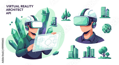 A virtual reality architect examines a glowing holographic building blueprint while wearing a headset amidst sharp, crystalline structures in a soft-toned, modern digital workspace