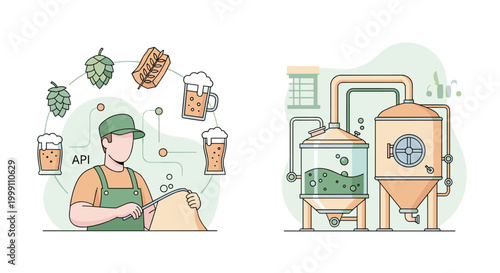 An industrial brewer wearing a green apron manipulates a supply hose while connected to floating hop icons and a large, metal fermentation tank in a clean, minimalist factory setti