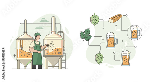 A brewer uses long metal stirrers to process liquid within large stainless steel vats, adjacent to a flowchart illustrating ingredients and finished beer glasses in a studio.