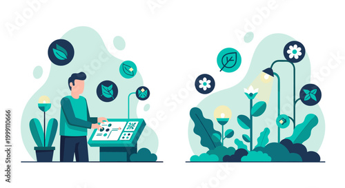 A digital technician interacts with a modern interactive kiosk featuring floating green foliage icons within a bright and serene laboratory environment with cyan tones.