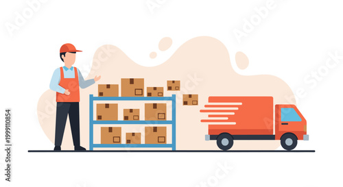 A warehouse logistics worker stands next to a metal shelving unit filled with cardboard boxes as a delivery truck departs on a plain light beige background.