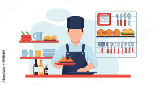 A professional chef wearing a black apron serves a prepared meal at a restaurant counter with various cooking utensils hung on a wire grid wall rack display.