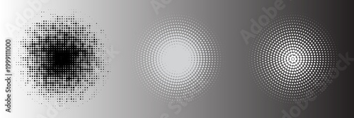 Halftone gradient set. Dotted textured round and square patterns. Cartoon faded background collection. Pixelated bitmap element pack for frame, poster, collage, banner. Vector comic bundle