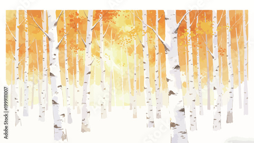 Watercolor Painting of Sunlit Autumn Birch Forest, Warm Golden Sunlight Filtering Through White Trunk Trees, Serene Fall Woodland Landscape in Soft Golden and Orange Autumnal Tones