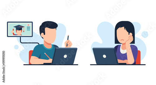 A man taking notes with a pencil next to a woman resting her head on her hand while both utilize laptops for an educational video course in a light blue minimalist setting.