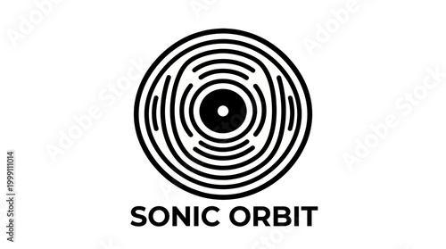 This image features a monochrome logo for Sonic Orbit, emphasizing sound waves and a vinyl record motif, ideal for representing music and audio innovation.