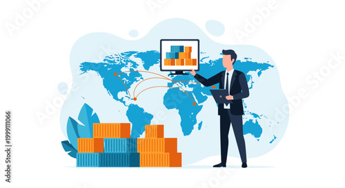 A businessman in a suit holds a digital tablet while gesturing towards a world map display featuring interconnected shipping container logistics routes and stacks of cargo boxes be