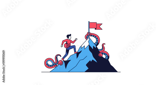 man climbing mountain with flag and tentacles