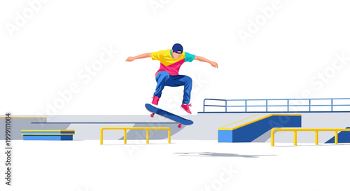 Skateboarder performing trick at skate park with colorful ramps